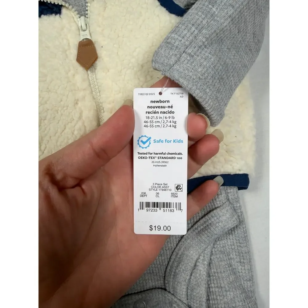 Carters 3 Piece Outfit Boys Newborn Long Sleeve Bodysuit Pants Vest Gray Blue
